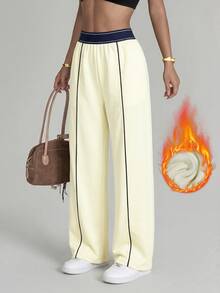 Hanevo Women's Minimalist Striped Colorblock Sports Long Pants - Beige - View 4