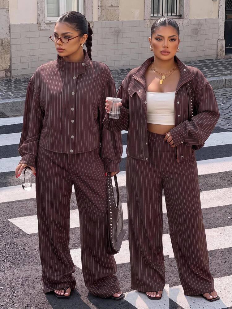 Muchica Plus Size Women's Striped Long Sleeve Top And Pants Casual Loose Fit Daily 2 Pieces Set Party Going Out Brown Fall - Brown - View 1