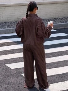 Muchica 大尺碼女款條紋長袖上衣與長褲休閒寬鬆日常兩件套，棕色秋季派對外出裝 - 棕色 - 查看 3