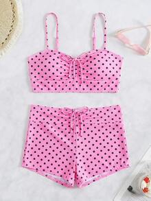 SHEIN Swim 2件套新款夏季粉色碎花随机印花休闲度假沙滩比基尼泳装套装（女款） - 彩色 - 查看 3