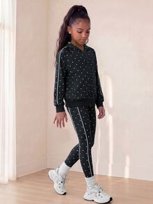 SHEIN 青少年女孩針織黑白波點套裝 寬鬆運動街頭風校服夾克與緊身褲組合 秋季高彈力 適合學校與健身運動 - 黑色 - 查看 7