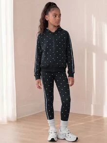 SHEIN 青少年女孩針織黑白波點套裝 寬鬆運動街頭風校服夾克與緊身褲組合 秋季高彈力 適合學校與健身運動 - 黑色 - 查看 6