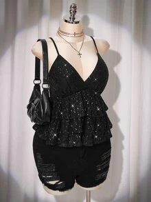 SHEIN ICON بلوزة كاميسول أنيقة للمرأة ذات الحجم الكبير، بلون أحادي، مزينة بترتر وبتصميم كشكشة الذيل - الأسود - مشاهدة 7