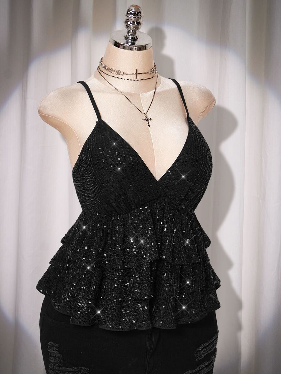 SHEIN ICON Plus Size Black Summer 70's Night Out Club Party Y2K Sequin V-Neck Multi-Layer Ruffled Slimmer Tank Top Performance Costume Fashion - Black - View 1