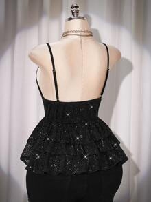 SHEIN ICON بلوزة كاميسول أنيقة للمرأة ذات الحجم الكبير، بلون أحادي، مزينة بترتر وبتصميم كشكشة الذيل - الأسود - مشاهدة 11