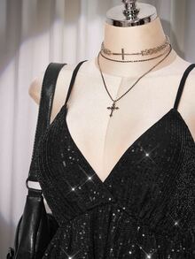 SHEIN ICON بلوزة كاميسول أنيقة للمرأة ذات الحجم الكبير، بلون أحادي، مزينة بترتر وبتصميم كشكشة الذيل - الأسود - مشاهدة 6