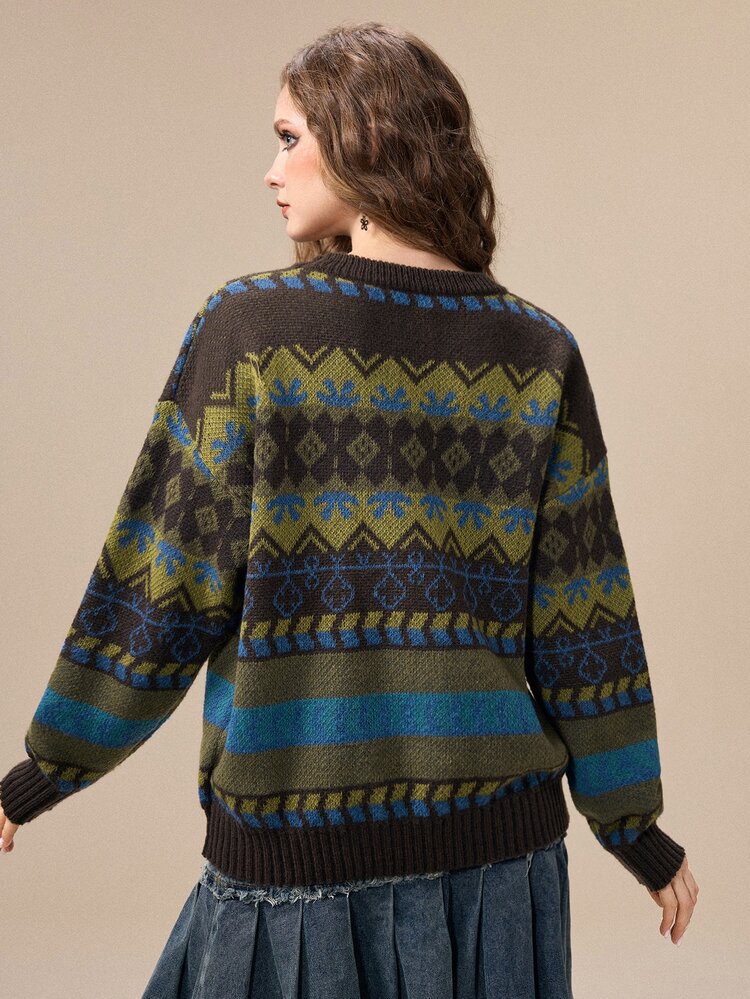 ROMWE Fairycore Women's Winter Country Boho Vintage Hippie Fair Isle Pattern Loose Pullover Sweater - Multicolor - View 10