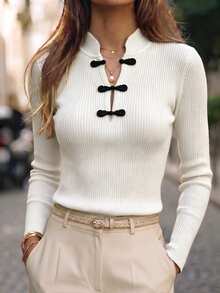 SHEIN New Chinese Style French Elegant Stand Collar Ribbed Knit Top With Traditional Frog Buttons Brunch White And Black Autumn - White - View 6