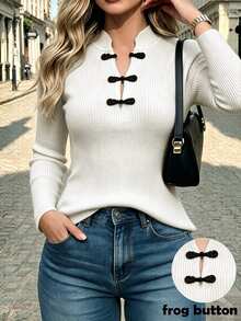 SHEIN New Chinese Style French Elegant Stand Collar Ribbed Knit Top With Traditional Frog Buttons Brunch White And Black Autumn - White - View 8