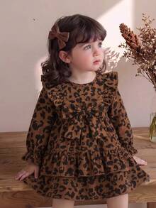SHEIN Baby Girl Vintage Leopard Print Corduroy Dress, Ruffle Trim Big Bow Long Sleeve Layered Dresses For Fall Family Photo & Halloween Party - Brown - View 1
