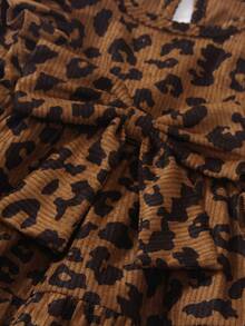 SHEIN Baby Girl Vintage Leopard Print Corduroy Dress, Ruffle Trim Big Bow Long Sleeve Layered Dresses For Fall Family Photo & Halloween Party - Brown - View 4