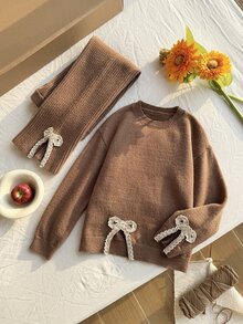 SHEIN 2pcs Tween Girls Sweater Set, Cute Elegant Lace Bow Pattern Knitted Pullover Round Neck Long Sleeve Sweater, Versatile Straight Leg Split Hem Pants, Autumn/Winter - Brown - View 1
