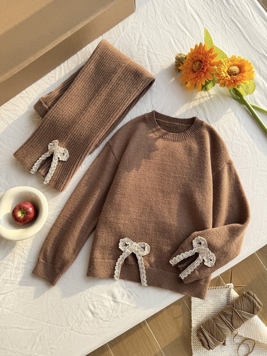 SHEIN 2pcs Tween Girls Sweater Set, Cute Elegant Lace Bow Pattern Knitted Pullover Round Neck Long Sleeve Sweater, Versatile Straight Leg Split Hem Pants, Autumn/Winter - Brown - View 1