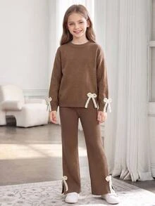 SHEIN 2pcs Tween Girls Sweater Set, Cute Elegant Lace Bow Pattern Knitted Pullover Round Neck Long Sleeve Sweater, Versatile Straight Leg Split Hem Pants, Autumn/Winter - Brown - View 9