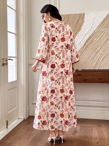 Mulvari Summer Cotton Printed Loose Fit Youthful Mid-Sleeve Flared Elegant Floral Vacation Dress - Multicolor - View 7