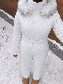 Muchica Plus Size Women's Fuzzy Patchwork Casual Daily Winter Hooded Jumpsuit Fall - White - View 6