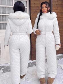 Muchica Plus Size Women's Fuzzy Patchwork Casual Daily Winter Hooded Jumpsuit Fall - White - View 1