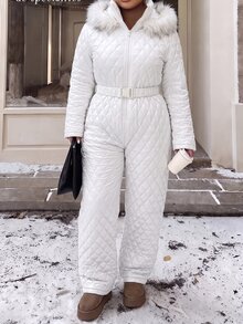 Muchica Plus Size Women's Fuzzy Patchwork Casual Daily Winter Hooded Jumpsuit Fall - White - View 4