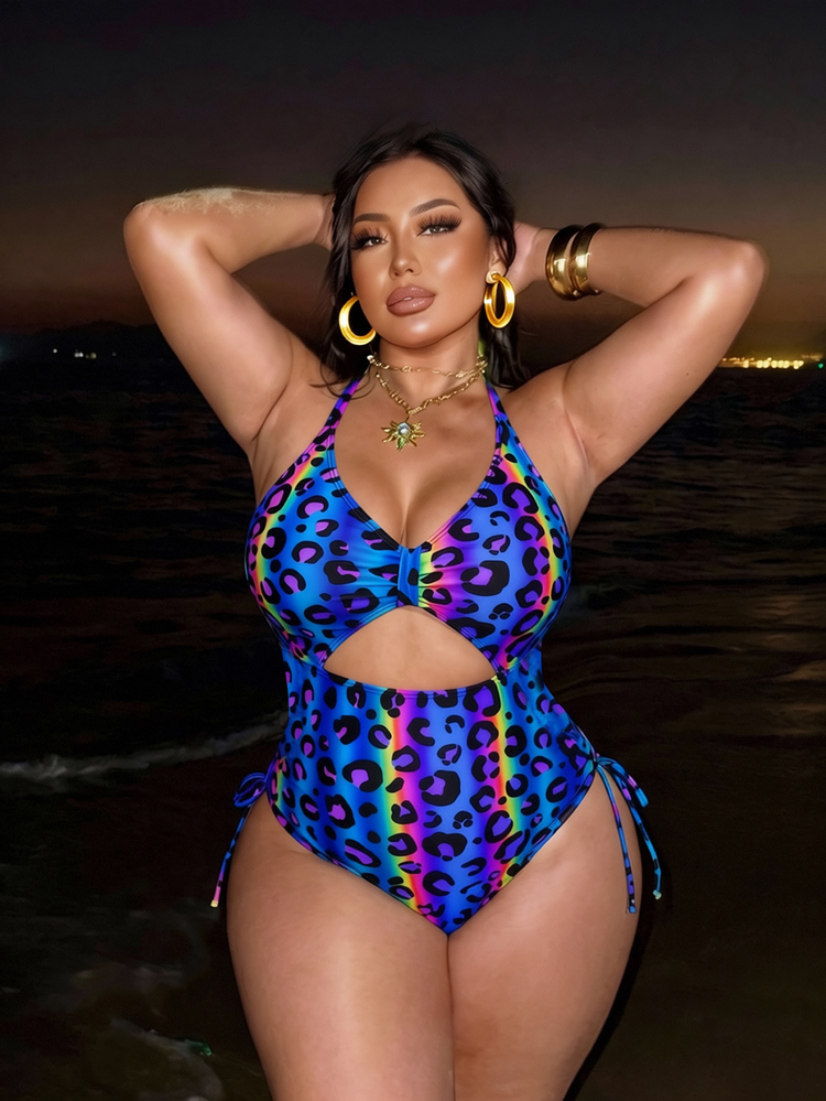 Slaydiva 2025 Plus Size Women Leopard Print Ruched Cut-Out One-Piece Swimsuit Summer - Multicolor - View 3