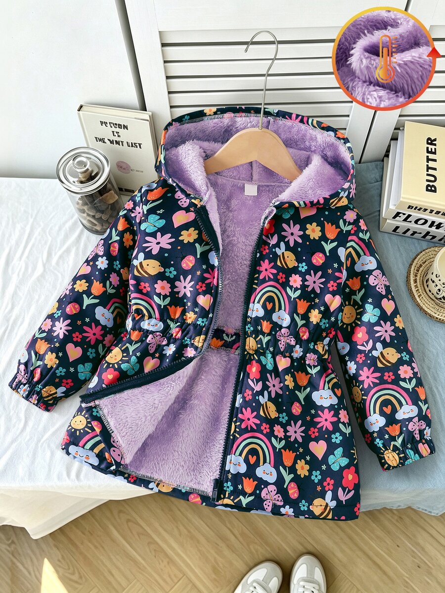 SHEIN Cute Printed Thermal Lined Thickened Zipper Jacket For Girls, Autumn/Winter - Multicolor - View 1