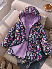 SHEIN Cute Printed Thermal Lined Thickened Zipper Jacket For Girls, Autumn/Winter - Multicolor - View 3