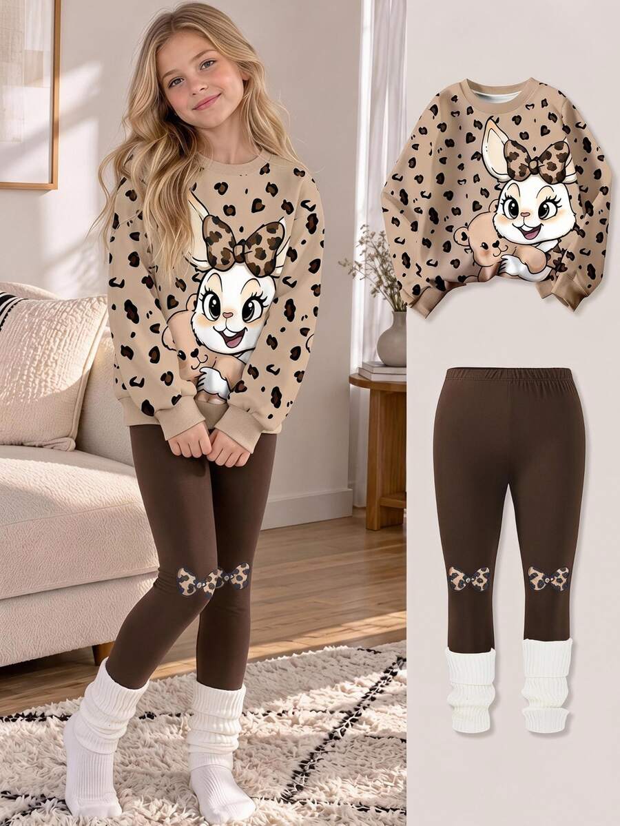 SHEIN Tween Girls 2pcs/Set Cute Rabbit Leopard Print Top, Crew Neck Sweatshirt Leggings Set, Cowgirl Matching Fall Brown Beige School Holiday