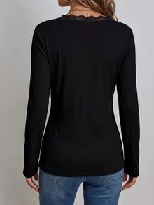 SHEIN LUNE 女款黑色羅紋拼接對比蕾絲長袖T恤上衣，秋冬穿搭基本款層搭上衣，95%棉 - 黑色 - 查看 2