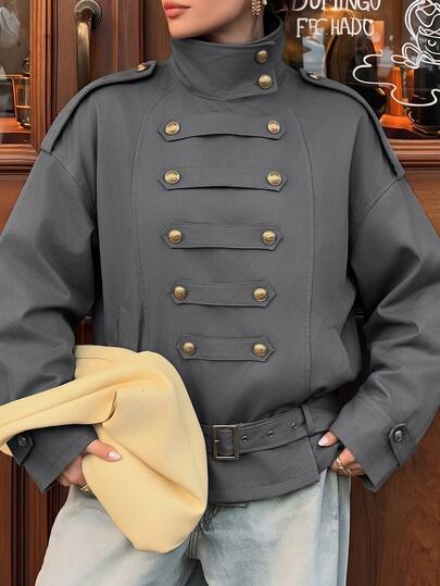 Gowayae Gowayae Women's Spring/Autumn Casual Exquisite Military Style Grey Long Sleeve Cross-Button High Stand Collar Metal Button Shoulder Epaulette Design Loose Drop Shoulder Silhouette Webbing Button Hem Waist Belt Niche Premium Lazy Streetwear Top Jacket
