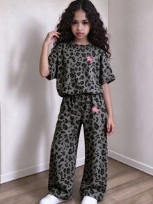 (1 Set) Young Girls Summer Fall Grey Leopard Print Pony Graphic Short Sleeve Top Wide Leg Pants, Clothes Leisure Fashion Street Cool Style - Multicolor - View 3