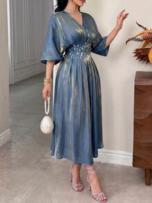 Modelyn New Ruched Waist Elegant High-End Rhinestone Embellished Romantic Glamorous Party Dinner Dress Blue And Gold Autumn - Gray Blue - View 9