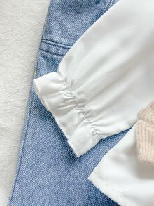 Vintaside Kids 2pcs Toddler Girl Sweater Vest Jeans Beige White Blue Bow Lace Ruffle Long Sleeve Peter Pan Collar Knit Denim Matching Set Princess Party Fall - Khaki - View 4