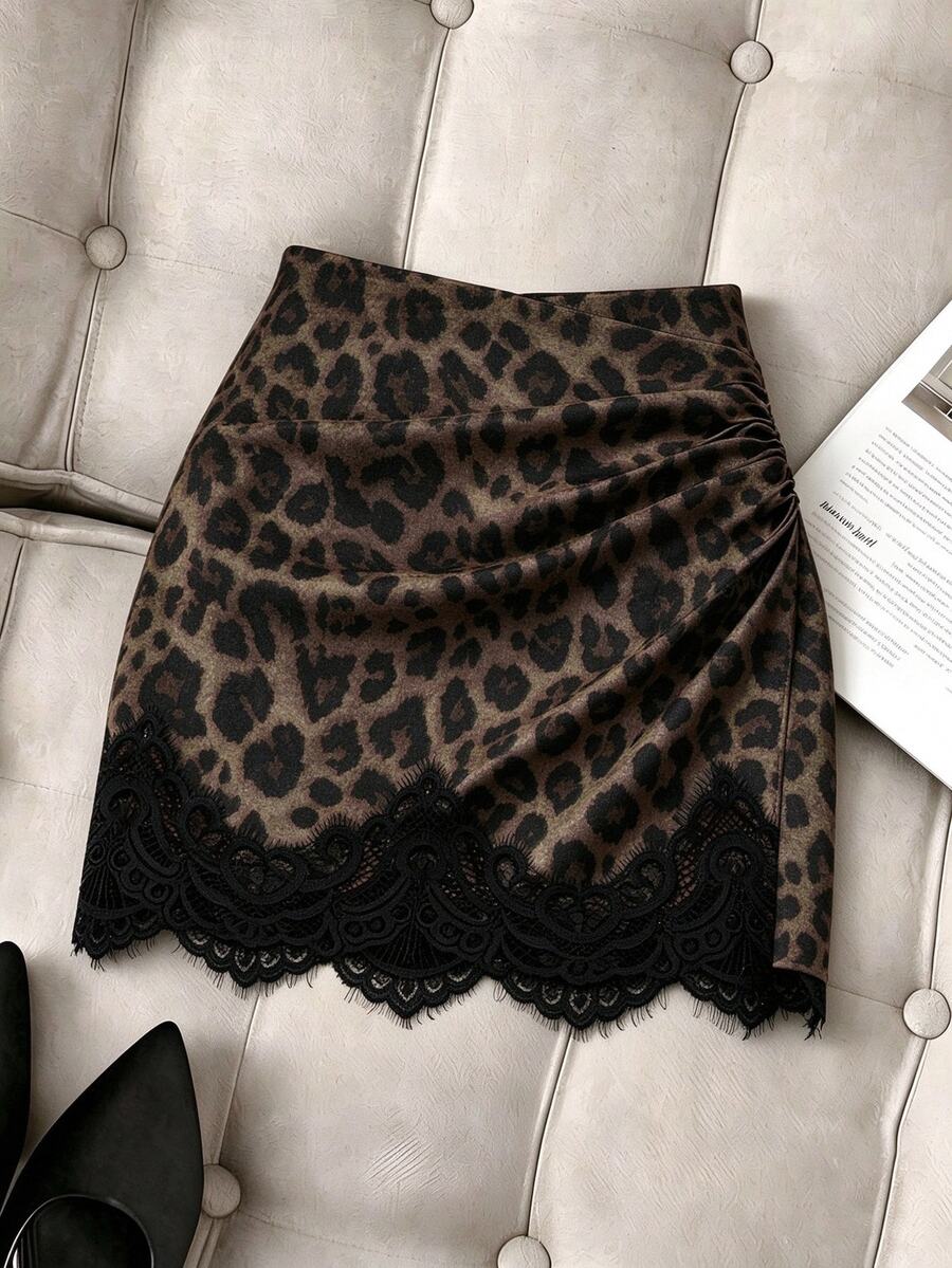 SHEIN Franclia 女款豹紋蕾絲拼接百褶簡約百搭裙 - 摩卡棕 - 查看 1