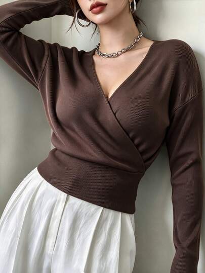Cévolie Design V-Neck Wrap Knitted Sweater, Waist-Cinching Cropped Long Sleeve Women's Top Fall Office Business Brown Elegant Casual