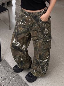SHEIN Girls' Camouflage Branch Print Loose Denim Long Pants - Army Green - View 4