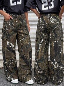 SHEIN Girls' Camouflage Branch Print Loose Denim Long Pants - Army Green - View 1
