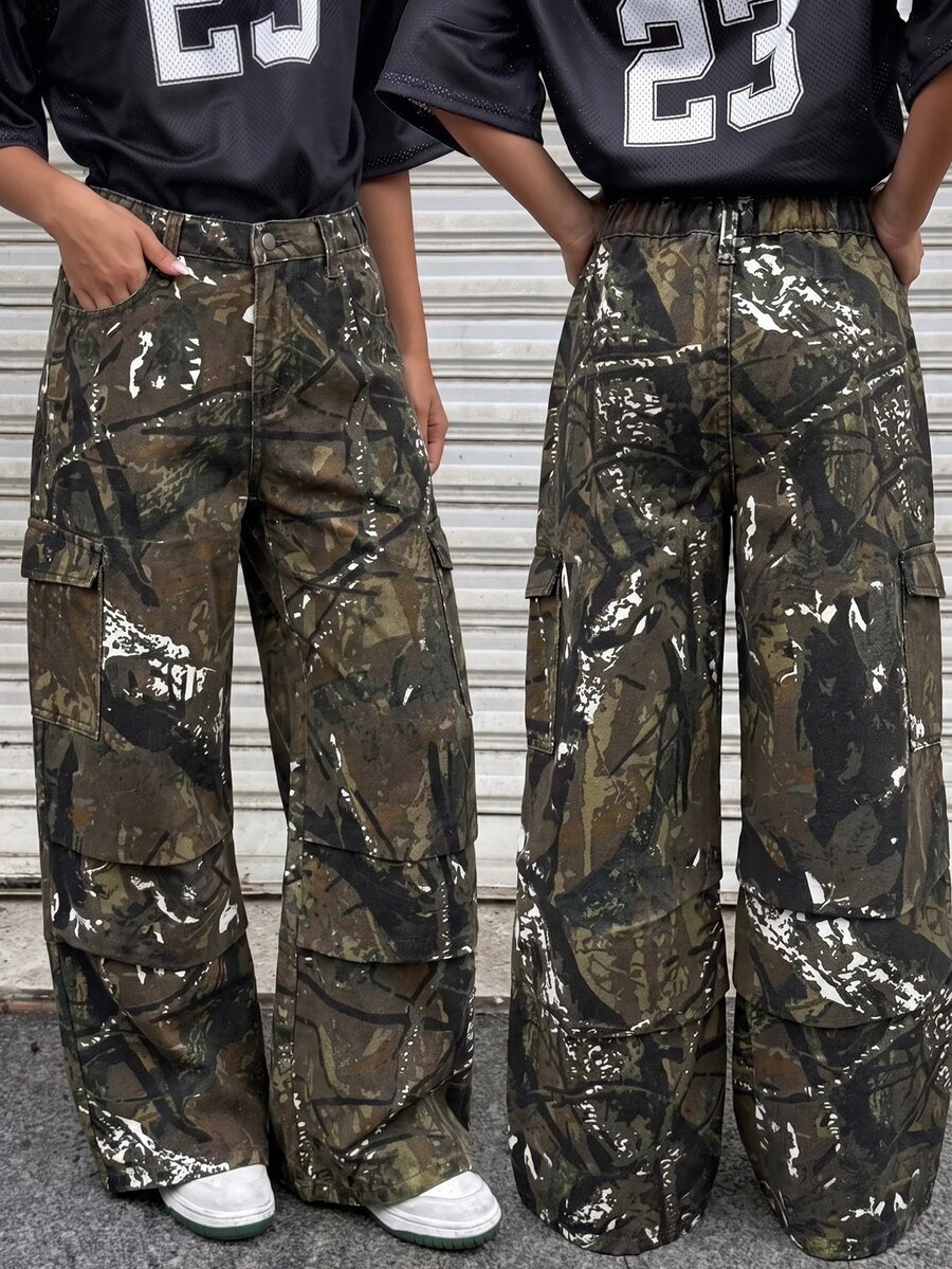 SHEIN Girls' Camouflage Branch Print Loose Denim Long Pants - Army Green - View 1