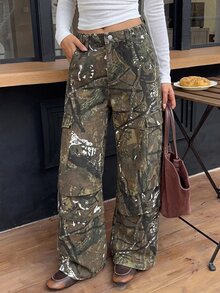 SHEIN Girls' Camouflage Branch Print Loose Denim Long Pants - Army Green - View 6