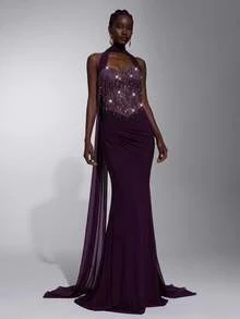 Elitara Elegant Minimalist Fashion Purple Sequin Tassel Mesh Patchwork Halter Neck Backless Pleated Decor Back Flap A-Line Long Formal Evening Gown For Women - Red Violet - View 3