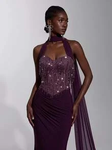 Elitara Elegant Minimalist Fashion Purple Sequin Tassel Mesh Patchwork Halter Neck Backless Pleated Decor Back Flap A-Line Long Formal Evening Gown For Women - Red Violet - View 2
