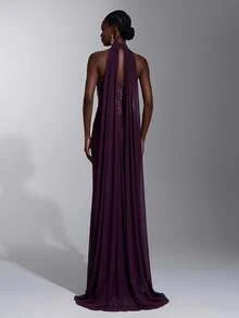 Elitara Elegant Minimalist Fashion Purple Sequin Tassel Mesh Patchwork Halter Neck Backless Pleated Decor Back Flap A-Line Long Formal Evening Gown For Women - Red Violet - View 5