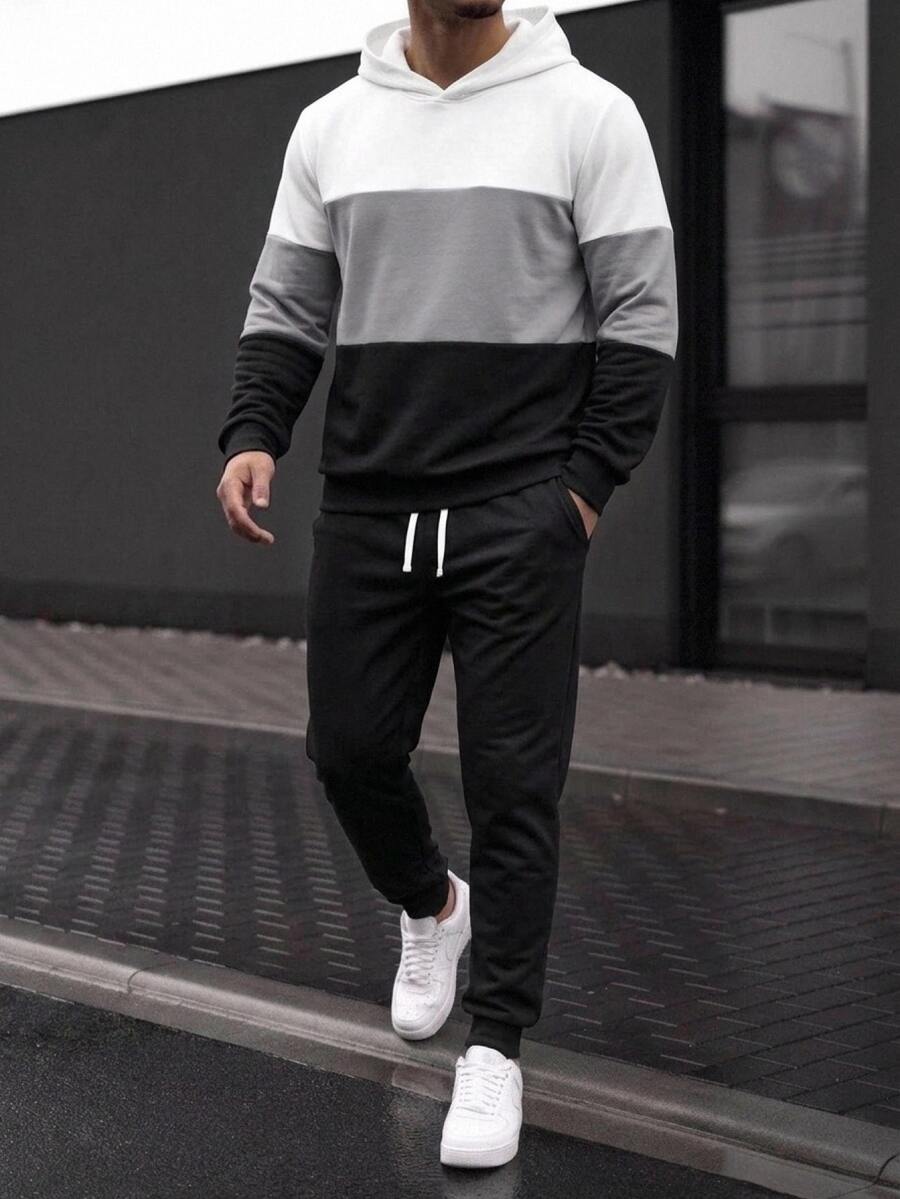 Manfinity RebelGame Men's Colorblock Long Sleeve Casual Hoodie And Drawstring Waist Sweatpants Set Halloween Christmas Winter Party Autumn - Multicolor - View 1