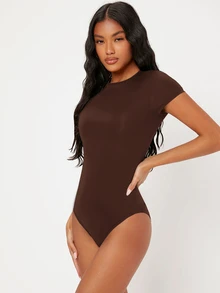 SHEIN BASICS 1pc Solid Slim Fit Bodysuit Summer Outfit For Women - Chocolate Brown - View 5