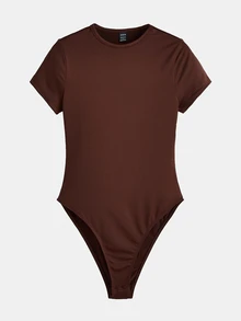SHEIN BASICS 1pc Solid Slim Fit Bodysuit Summer Outfit For Women - Chocolate Brown - View 7