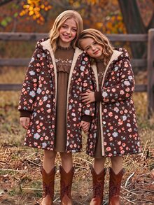 SHEIN Tween Girls Coat Fleece Beige Long Sleeve Hooded Thickened Furry Retro Floral Zip Up Mid-Length Jacket, Autumn/Winter Fall, Casual, Back To School - Brown - View 3
