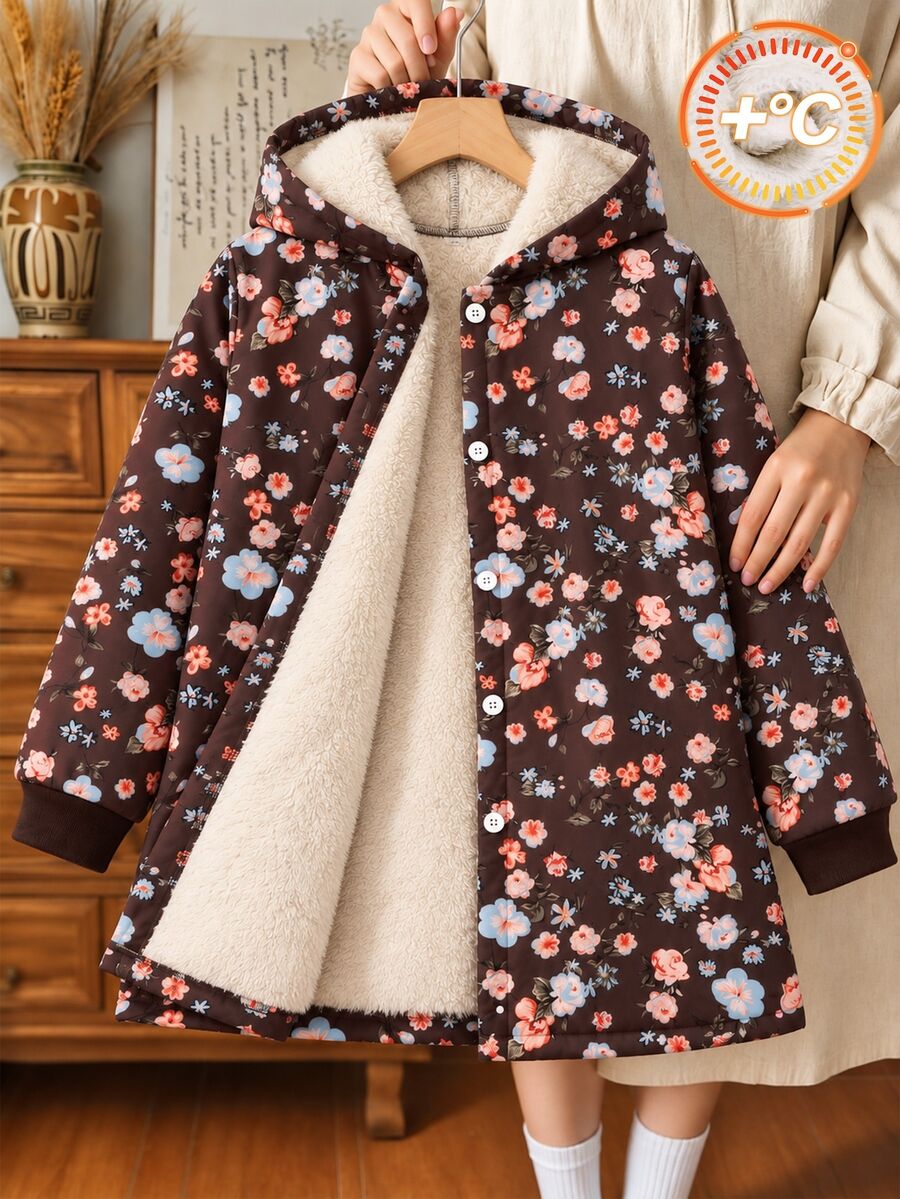 SHEIN Tween Girls Coat Fleece Beige Long Sleeve Hooded Thickened Furry Retro Floral Zip Up Mid-Length Jacket, Autumn/Winter Fall, Casual, Back To School - Brown - View 1