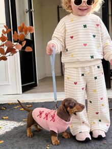 Baby Girl Casual Soft Thick Long Sleeve Crew Neck Pullover Sweatshirt & Wide Leg Pants Set, Suitable For Autumn/Winter - Multicolor - View 4