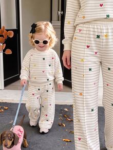 Baby Girl Casual Soft Thick Long Sleeve Crew Neck Pullover Sweatshirt & Wide Leg Pants Set, Suitable For Autumn/Winter - Multicolor - View 2