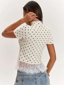 SHEIN BAE Vintage Minimalist Short Sleeve Contrast Lace Trim Commuter Versatile Women's Sweater - Beige - View 2