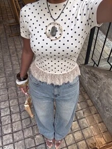 SHEIN BAE Vintage Minimalist Short Sleeve Contrast Lace Trim Commuter Versatile Women's Sweater - Beige - View 1