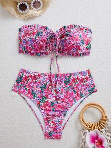 SHEIN Swim Women's Summer Beach Vacation New Cute Strapless Floral Ruffled Ditsy Floral Matching Delicate Pearl Pendant Drawstring Bikini Set - Multicolor - View 3